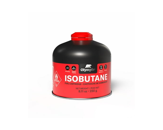 Bidon de propane Olympia Isobutane. Utilisation facile pour le camping. Boîte de conserve de 230 g. Taille de l'article : 10x10x8.9cm. Paquet unique.