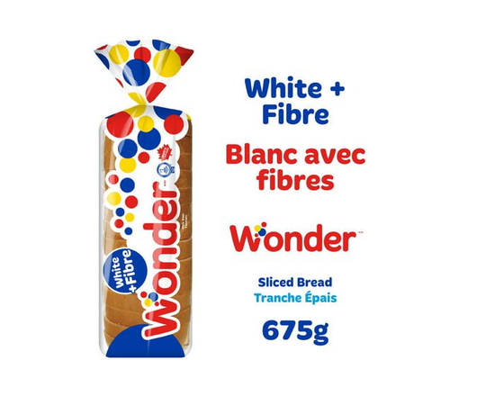 Wonder White + Fiber Sliced Bread, No Artificial Flavours or Colours, 675 g