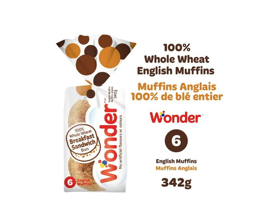 Wonder 100% Whole Wheat English Muffins, No Artificial Flavours or Colours, 6 Count, 342 g