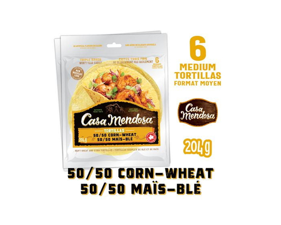 Casa Mendosa 50/50 Corn-Wheat Soft Flour Tortillas, No Artificial Flavours or Colours, 7", 6 Count, 204 g