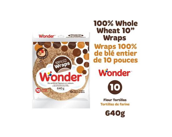 Wonder 100% Whole Wheat Large 10" Wrap, No Artificial Flavours or Colours, 10 Count, 640 g