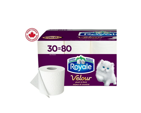 Royale Velour, 2 Ply Toilet Paper, 30 Equal 80 Bathroom Tissue Rolls
