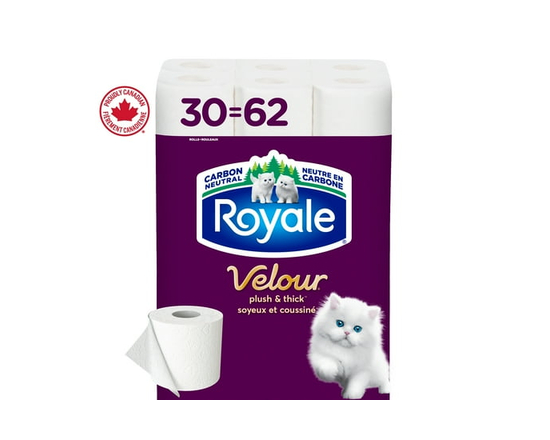 Royale Velour, 2 Ply Toilet Paper, 30 Equal 62 Bathroom Tissue Rolls