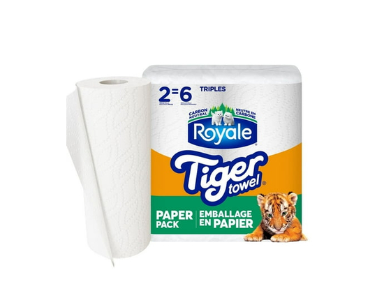 Royale Tiger Towel Recyclable Packaging, 2 Rolls, 147 Sheets Per Roll