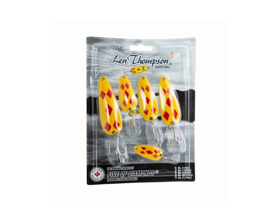 Len Thompson Fishing Lures -  K5 YR - 5 Piece Kit - Yellow and Red Five of Diamonds - Includes a variety of sizes: No. 8 (1/4oz, 1 5/8"), No. 00 (1/2o