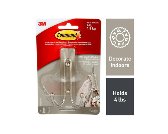 Command Large Double Wall Hooks, Brushed Nickel, Damage Free Decorating, 1 Hook - L