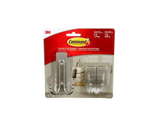 Command Double Hook Pack, Brushed Nickel, Assorted Sizes, 3 Hooks, 3 Adhesive Strips