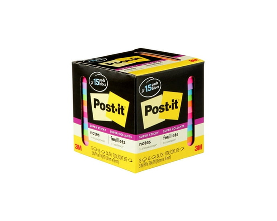 Feuillets super collants 654-15SSCP Post-it®, paquet pour bureau, couleurs assorties, 76 x 76&nbsp;mm (3 x 3&nbsp;po) - 3 po  x 3 po