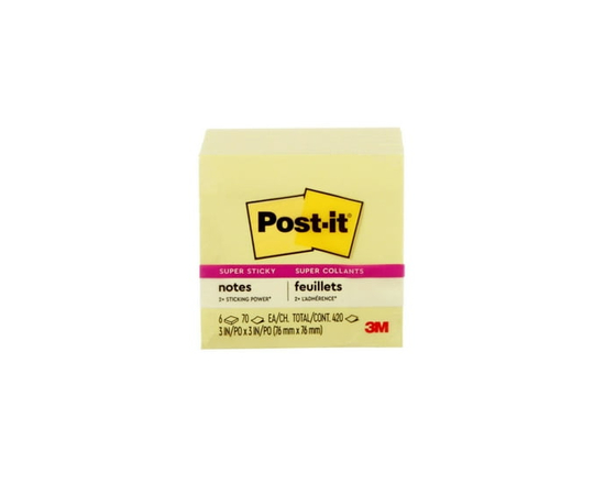 Feuillets super collants 654-6SSCY Post-it®, jaune canari - 3 in x 3 in