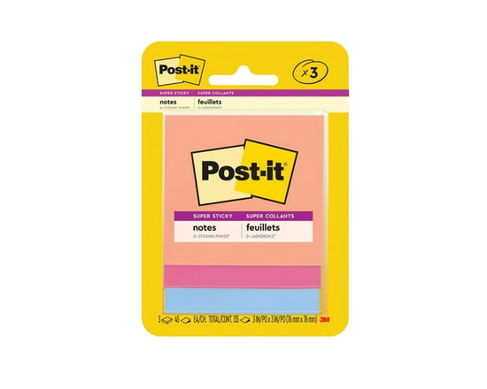 Feuillets super collants Post-it® 3321-SSJOY, collection Joie estivale, 76&nbsp;mm x 76&nbsp;mm (3&nbsp;po x 3&nbsp;po), 3&nbsp;blocs/paquet, 45&nbsp;