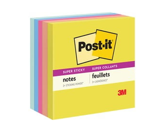 Feuillets super collants Post-it® 654-5SSJOY, collection Joie estivale, 76 mm x 76 mm (3 po x 3 po), 5 blocs/paquet, 90 feuillets/bloc - 3 "Largeur x 
