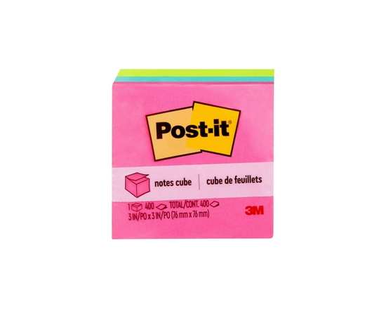 Cube de feuillets 2027-BRT Post-it®, couleurs vives, 76 mm x 76 mm (3 po x 3 po), 1 cube/paquet, 400 feuillets/cube