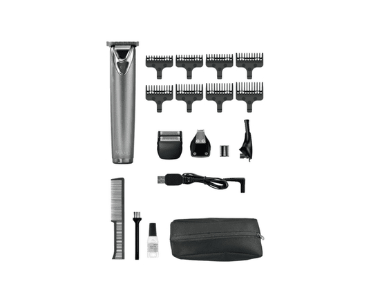Tondeuse Wahl Lithium-Ion en acier inoxydable – Kit de toilettage étanche tout-en-un avec lame en T, double rasoir, LED, autonomie de 3,5 h et peigne