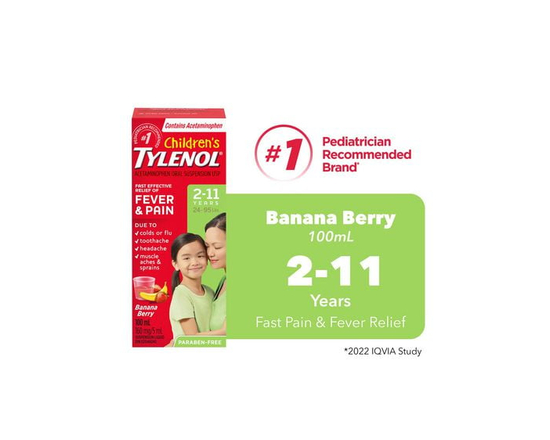 Tylenol Médicament pour enfants 2-11 ans; soulage fièvre et douleur, suspension orale d’acétaminophène à 160 mg/5 ml, banane et fraise, 100 ml