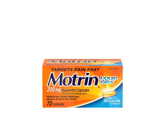 Motrin Régulier pour le soulagement de la douleur, gélules à 200 mg d'ibuprofène, 72 gélules