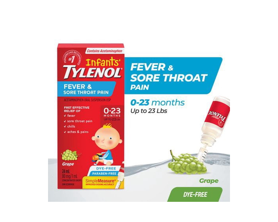 Tylenol Nourrissons, Fièvre et mal de gorge, soulage la fièvre et le mal de gorge, saveur de raisin, gouttes concentrées, 24 ml