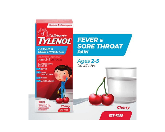 Tylenol Enfants, Fièvre et mal de gorge, soulage la fièvre et le mal de gorge, saveur de cerise, pour les enfants de 2 à 5 ans, suspension orale, 100