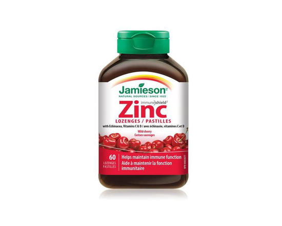Jamieson Zinc Lozenges with Echinacea Vitamin C and D, Wild Cherry Flavour, 60 Count