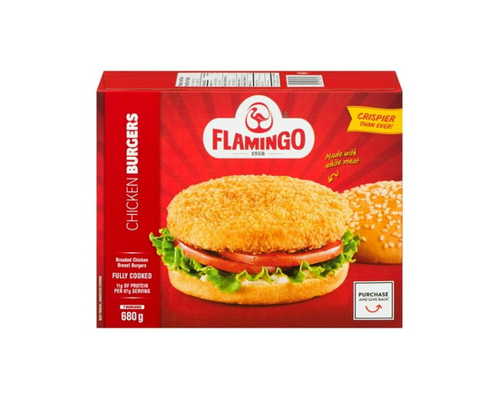 Burgers de poitrine de poulet panés et entièrement cuits, Flamingo - 680 g