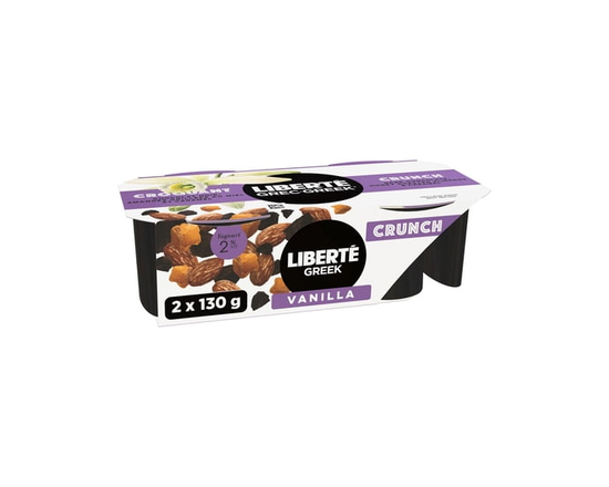 Liberte Greek 2% Vanilla Bean Yogurt Crunch Cups with Dark Chocolate, Salted Almonds, and Caramel Toppings, 2x130g - 130 g