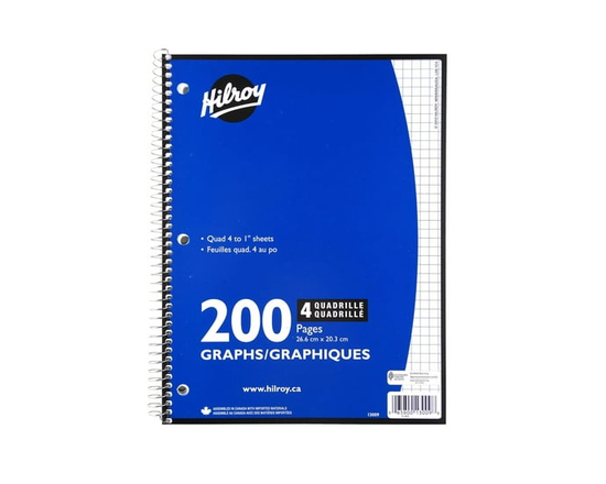 Cahier Hilroy quadrillé 4 au po 200 pages