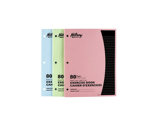 Cahiers d'exercices Hilroy, lot de 3, papier ligné 7 mm avec marges, cahiers de composition 10-7/8" x 8-3/8", lignés, 80 pages, couleurs assorties
