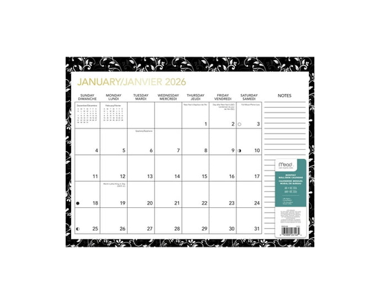 Calendrier de planification familiale Mead® noir et blanc 2026 - 13 po x 17 po