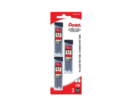 Pentel Super Hi-Polymer Mines de Recharge, 30 Mines par Tube, HB, 0,5mm, 3PC paque