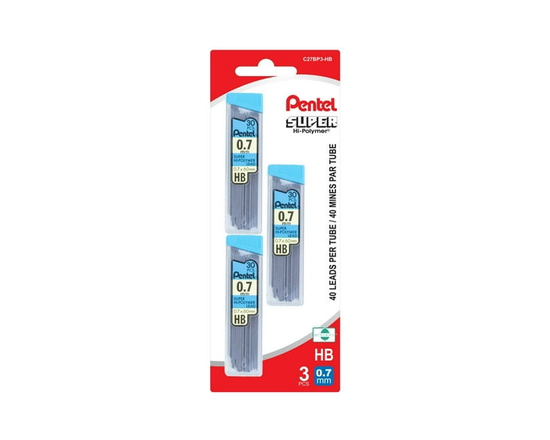 Pentel Super Hi-Polymer Mines de Recharge, 30 Mines par Tube, HB, 0,7mm, 3PC paque
