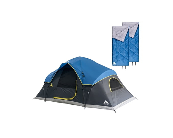 Ozark Trail 3pc Camping Combo, Sleeps up to 6 people , Blue, Includes 2 Sleeping Bags, Rain Fly, & Carry Bag