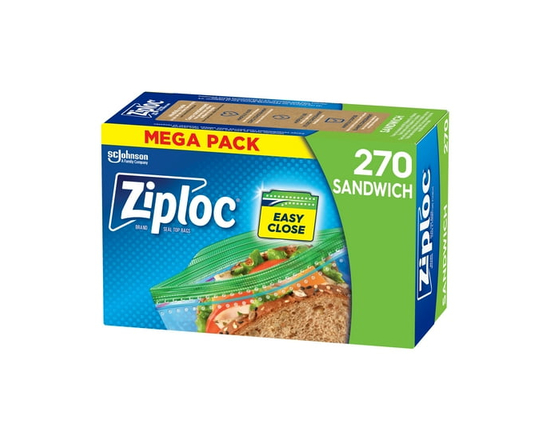 Ziploc® Sandwich Bags with Grip 'n Seal Technology, 270 Bags - 16.5cm x 14.9cm