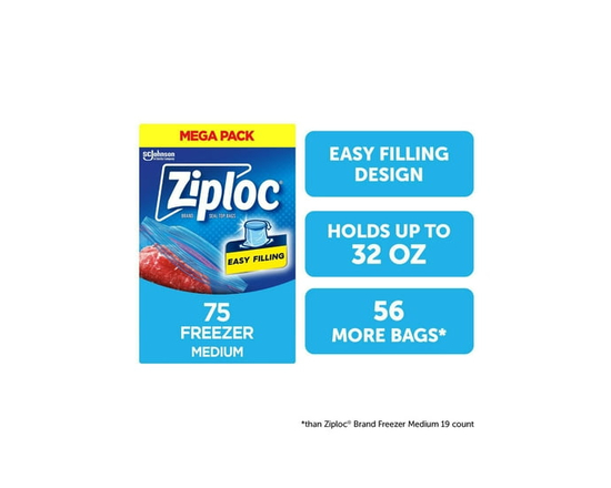 Ziploc Freezer Bags, Seal Top, 75 Bags - 17.7cm x 18.8cm