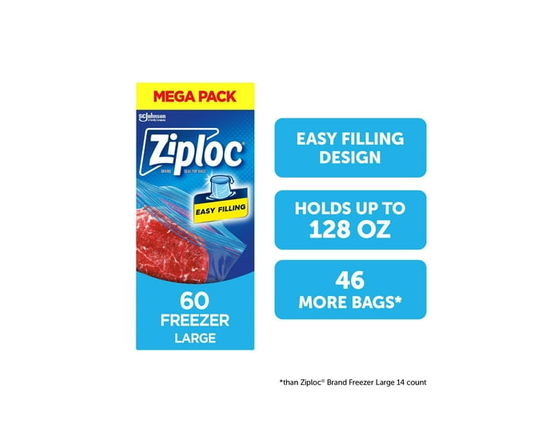 Ziploc Large Freezer Bags, Seal Top, Stay Open Design, 60 Bags - 26.8cm x 27.3cm