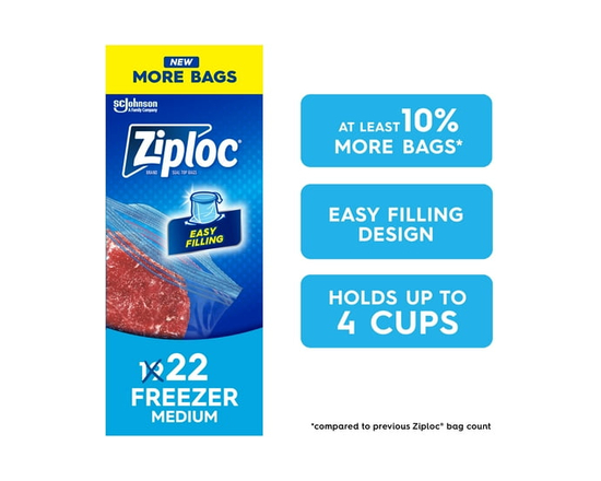 Ziploc Medium Freezer Bags, Stay open technology, 22 Bags - 17.7cm x 18.8cm