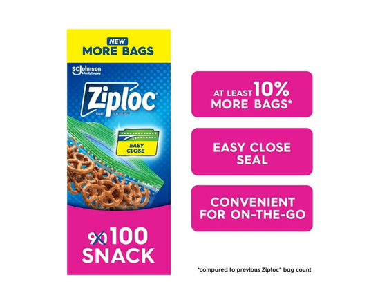 Ziploc Snack Bags, Seal Top, 100 Bags - 16.5cm x 8.2cm