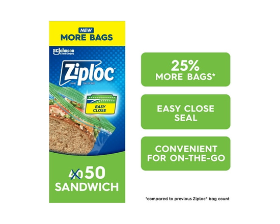 Ziploc® Sandwich Bags with Grip 'n Seal Technology - 16.5cm x 14.9cm