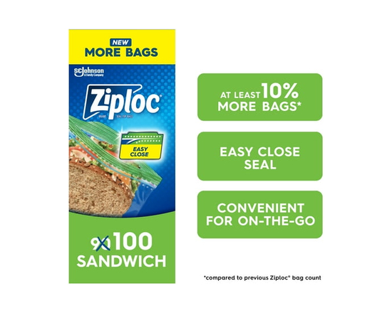 Ziploc Sandwich Bags, Grip and Seal Top, 100 Bags - 16.5cm x 14.9cm