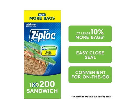 Ziploc® Sandwich Bags with Grip 'n Seal Technology, 200 Bags - 16.5cm x 14.9cm