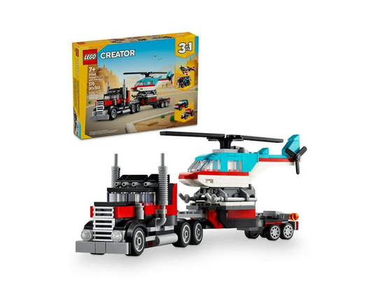 LEGO Creator 3 in 1 Flatbed Truck with Helicopter Toy, Transforms from Flatbed Truck Toy to Propeller Plane to Hot Rod and SUV Car Toys, Gift Idea for