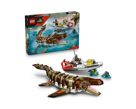LEGO Jurassic World Brick-Built Mosasaurus Boat Mission Dinosaur Toy for Kids, Boys, and Girls, 9+ - Poseable Dinosaur plus LeClerc and Atwater Minifi
