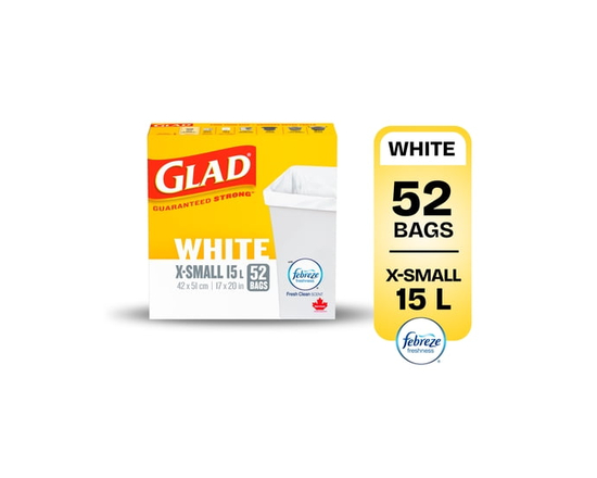 Glad White Garbage Bags - X-Small 15 Litres - Febreze Fresh Clean Scent, 52 Trash Bags (White)