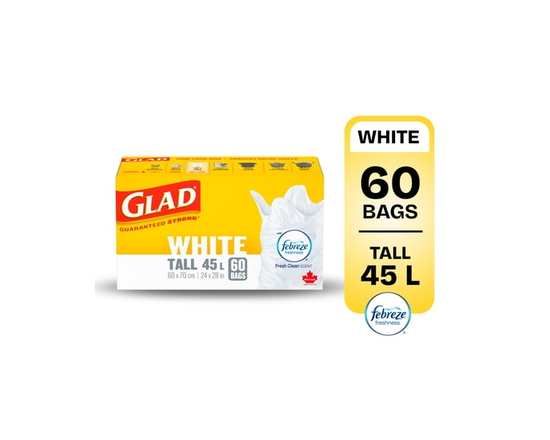 Glad Sacs à Ordures Blancs - Hauts 45 Litres - Febreze Parfum Frais et Propre, 60 Sacs à Ordures