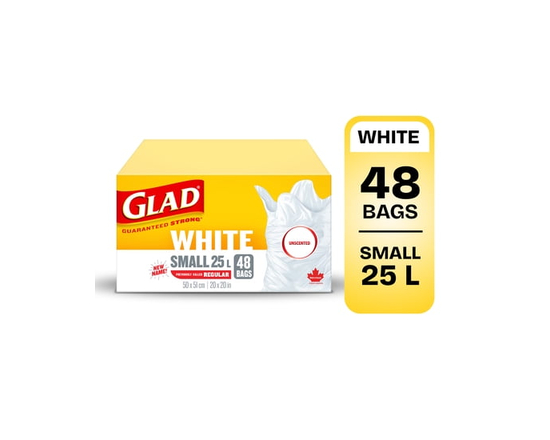 Glad White Garbage Bags - Small 25 Litres - Unscented, 48 Trash Bags