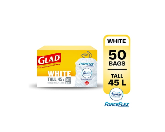 Glad White Garbage Bags - Tall 45 Litres - ForceFlex, Drawstring, with Febreze Fresh Clean Scent,