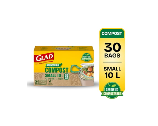 Glad Certified Compostable Drawstring Bags - Small 10 Litres - Drawstring, 30 Compost Trash Bags -