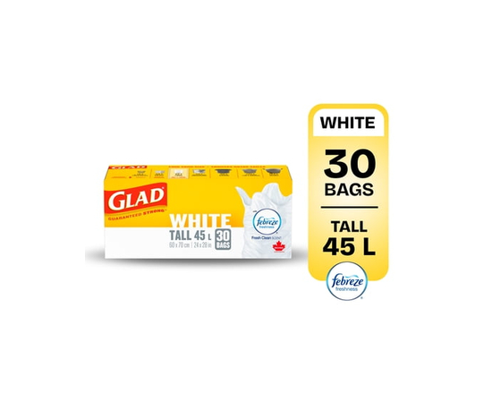 Glad White Garbage Bags - Tall 45 Litres - Febreze Fresh Clean Scent,