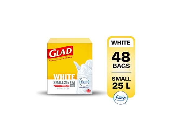 Glad White Garbage Bags - Small 25 Litres - Febreze Fresh Clean Scent, 48 Trash Bags