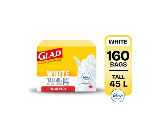 Glad White Garbage Bags - Tall 45 Litres - Febreze Fresh Clean Scent,