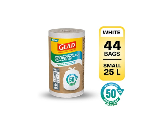 Glad White Garbage Bags - Small 25 Litres - Made using 50% Recycled Plastic, 44 Trash Bags