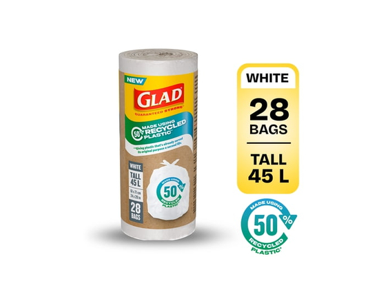 Glad White Garbage Bags - Tall 45 Litres - Made using 50% Recycled Plastic, 28 Trash Bags